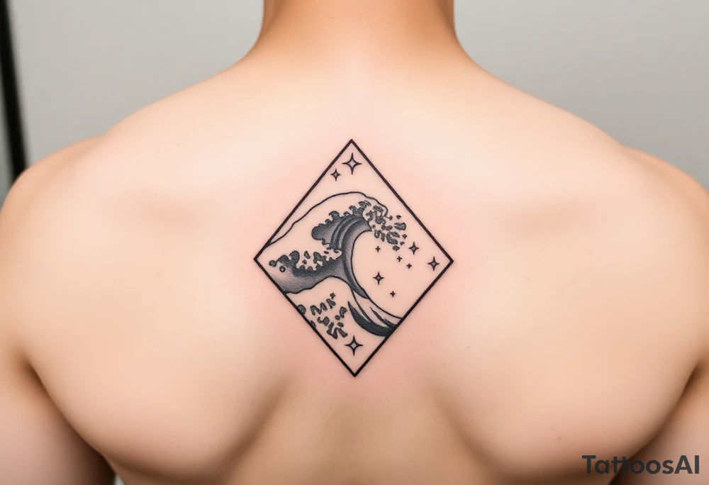 A powerful wave with stars inside of a elongated diamond tattoo idea