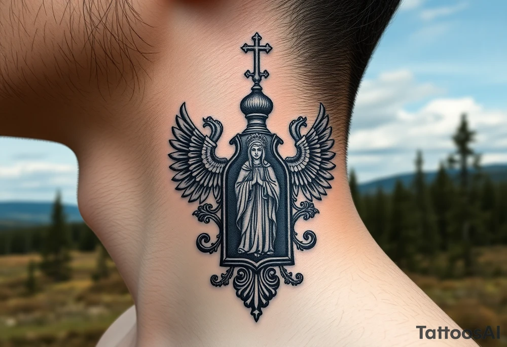 russian coat arms traditional christian orthodox cross with a virgin mary stood in the entrance of a russian orthodox dome church on the side of the neck in a wilderness setting tattoo idea