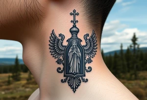 russian coat arms traditional christian orthodox cross with a virgin mary stood in the entrance of a russian orthodox dome church on the side of the neck in a wilderness setting tattoo idea