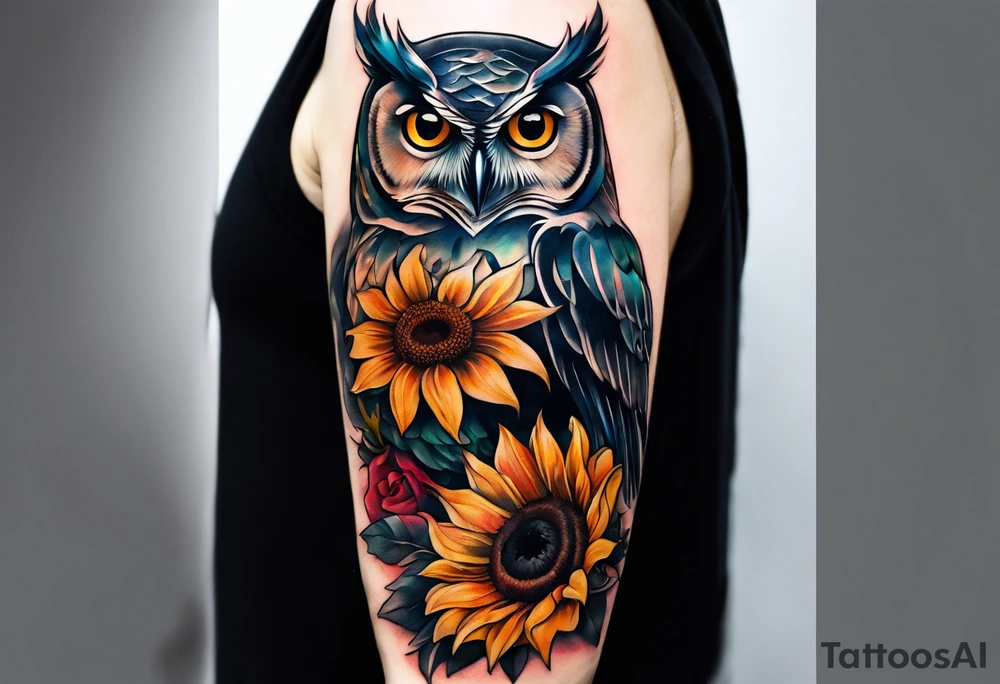 Sleeve with owl, sunflower and butterfly tattoo idea