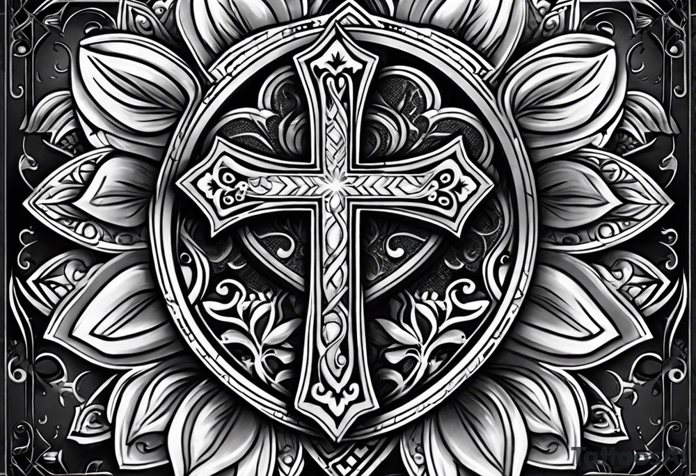 A cross with my family’s names on it names are Peter Lori Kyle and peter around Peter’s  name put a motercycle and a bear around loris name put a sunflower and a heart and around Kyle’s name put a baseball and electricity tattoo idea
