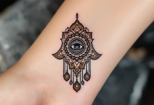 A black and gold Hamsa hand with intricate mandala patterns and an all-seeing eye in the center. tattoo idea