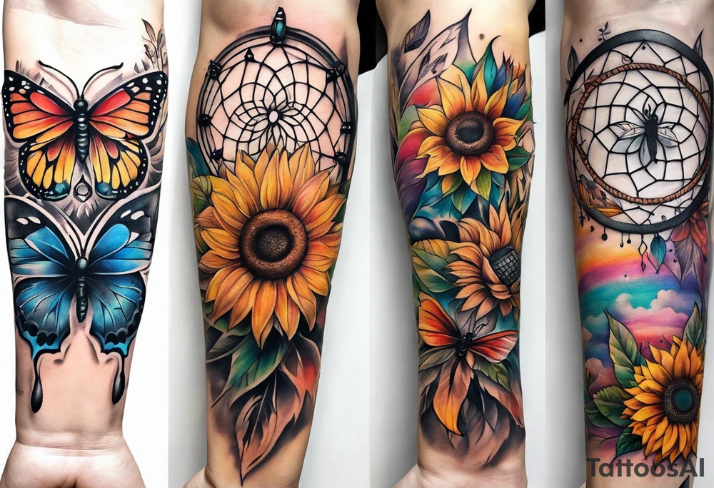 arm sleeve with dreamcatcher, rainbow sunflowers and one butterfly tattoo idea
