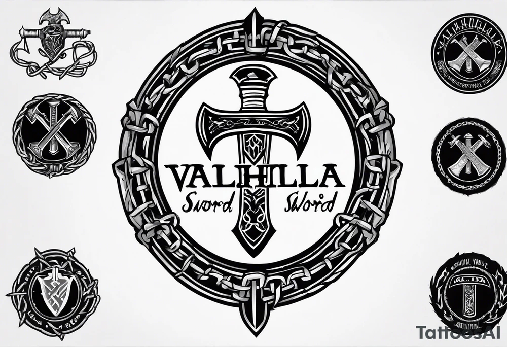 Valhalla sword round shield axe barbed wire chains tattoo idea