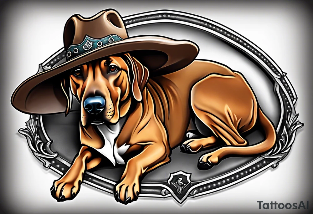 Western themed Rhodesian ridgeback wearing a cowboy hat tattoo idea