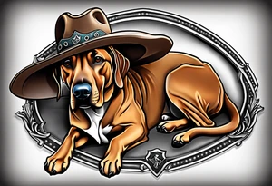 Western themed Rhodesian ridgeback wearing a cowboy hat tattoo idea