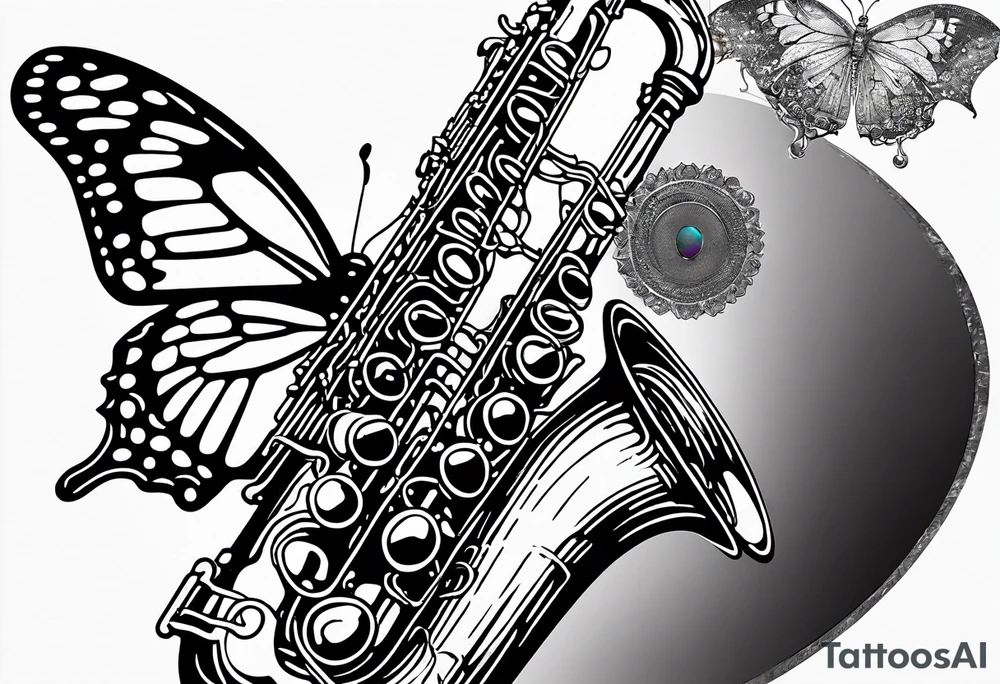 Saxophone, butterfly, rainbow, computer tattoo idea