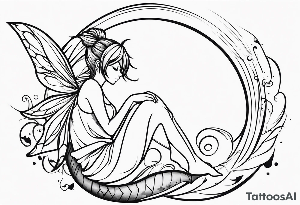 No color fairy with a tail inspired by the logo of the  show called Fairy Tail in a fetal position leaning in and forward while in the air floating and sleeping tattoo idea