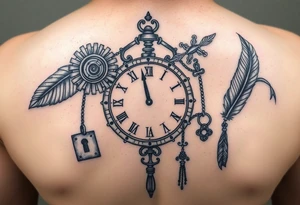 A gearered clock and a feather and a lock and key ,and a dreamcatch as a start of all new series of tattoos tattoo idea