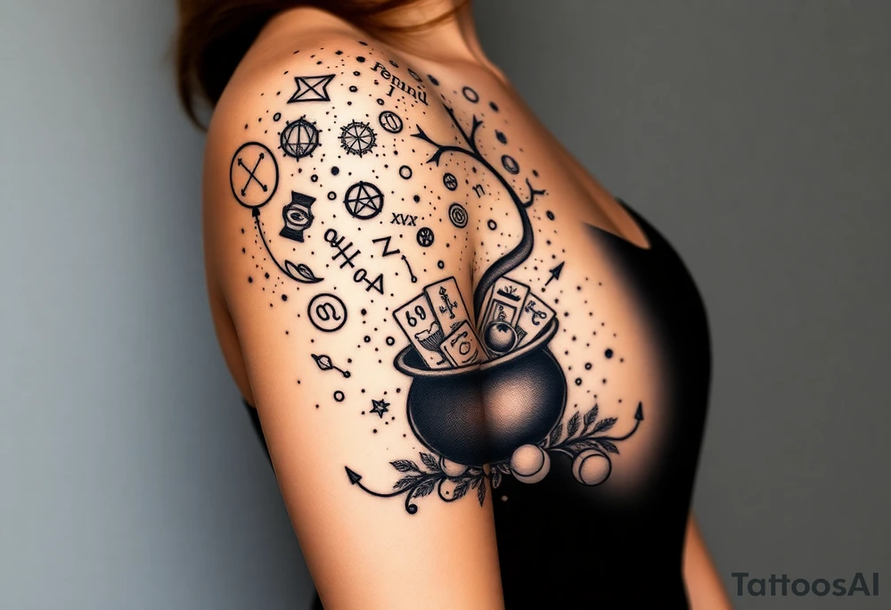 Milky way filled with zodiac symbols runes tarot cards coming out of a cauldron tattoo idea