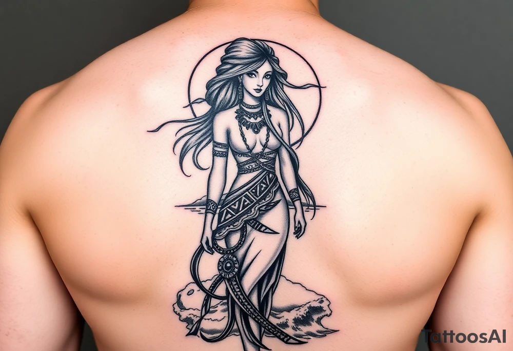 Elaphany with tribal woman standing in front of the ocean and moon tattoo idea