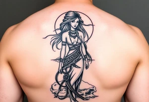 Elaphany with tribal woman standing in front of the ocean and moon tattoo idea