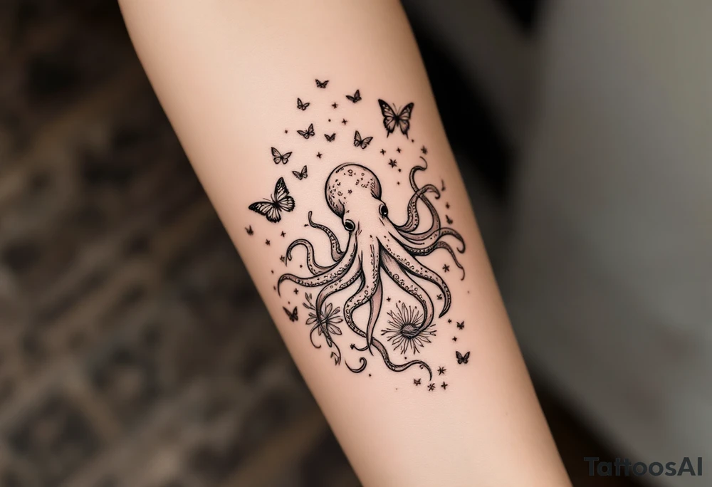 minimalist octopus, surrounded by butterflies and oceanic items, brown ink tattoo idea