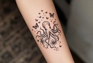 minimalist octopus, surrounded by butterflies and oceanic items, brown ink tattoo idea