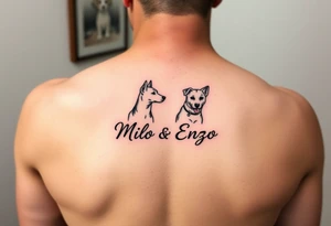 minimal ling line dog lover tattoo , dogs name in cursive Milo and Enzo tattoo idea