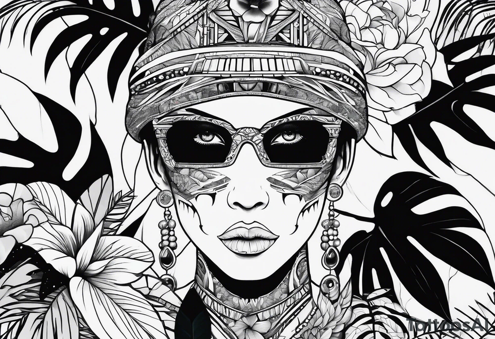 aesthetic line art design of space and jungle tattoo idea