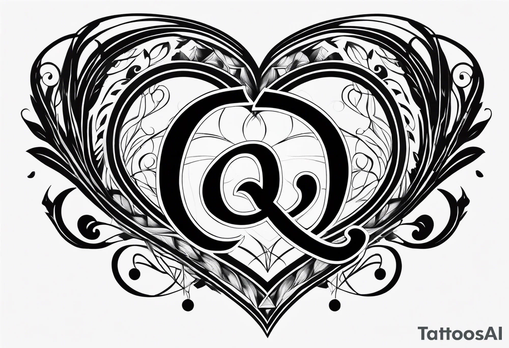 A black heart design, with the letter Q embedded in the center. tattoo idea