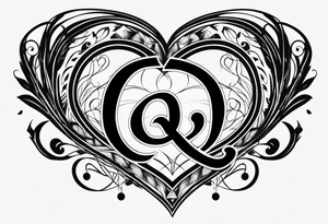 A black heart design, with the letter Q embedded in the center. tattoo idea