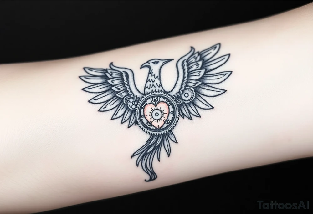 A stylized phoenix rising with feathers composed of intricate clock gears and mechanical parts. The chest reveals a glowing clockwork heart symbolizing emotional depth, love, and resilience amidst anxiety. The design combines fine line and dotwork detailing on the mechanical elements with bold, clean lines for the phoenix silhouette. Minimal shading emphasizes contrast and highlights the glowing heart. tattoo idea