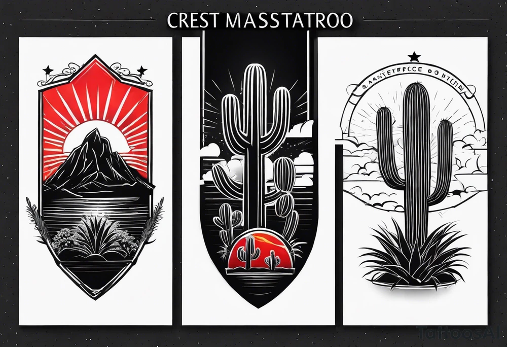 Crest with a hood on top,
13 rays of red and weld-yellow on the top half. NYC sky line
a cactus on the left side and a royal palm on the right side tattoo idea