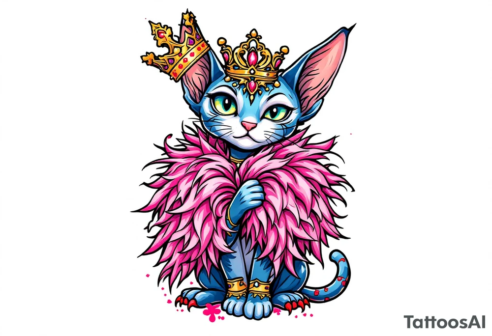 Chibi new school Glamorous sphinx cat holding 
pink feather boa and wearing a crown tattoo idea