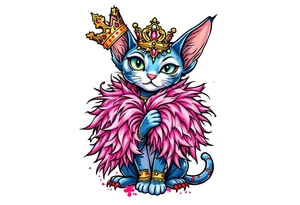 Chibi new school Glamorous sphinx cat holding 
pink feather boa and wearing a crown tattoo idea