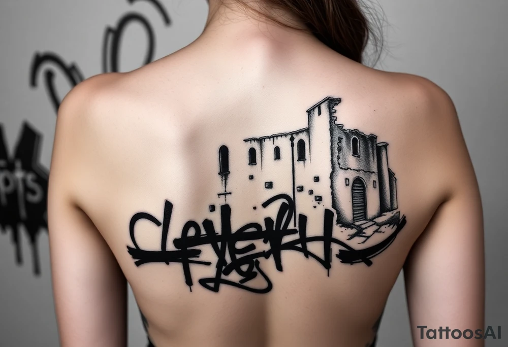 Vele di Scampia ruined and covered in graffiti, large tattoo, lower back area tattoo idea