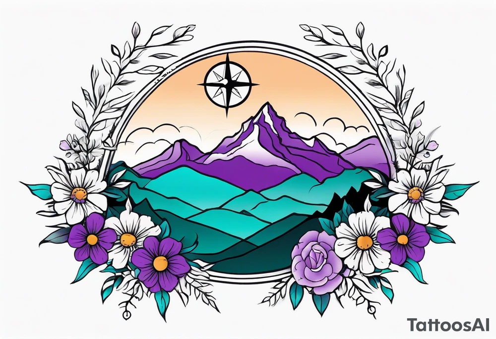 I’d like a half sleeve tattoo on my shoulder. It features a mountain range, with a compass rose rising up from behind the mountain like a sunrise. In front of the mountains, there are purple and teal flowers. tattoo idea