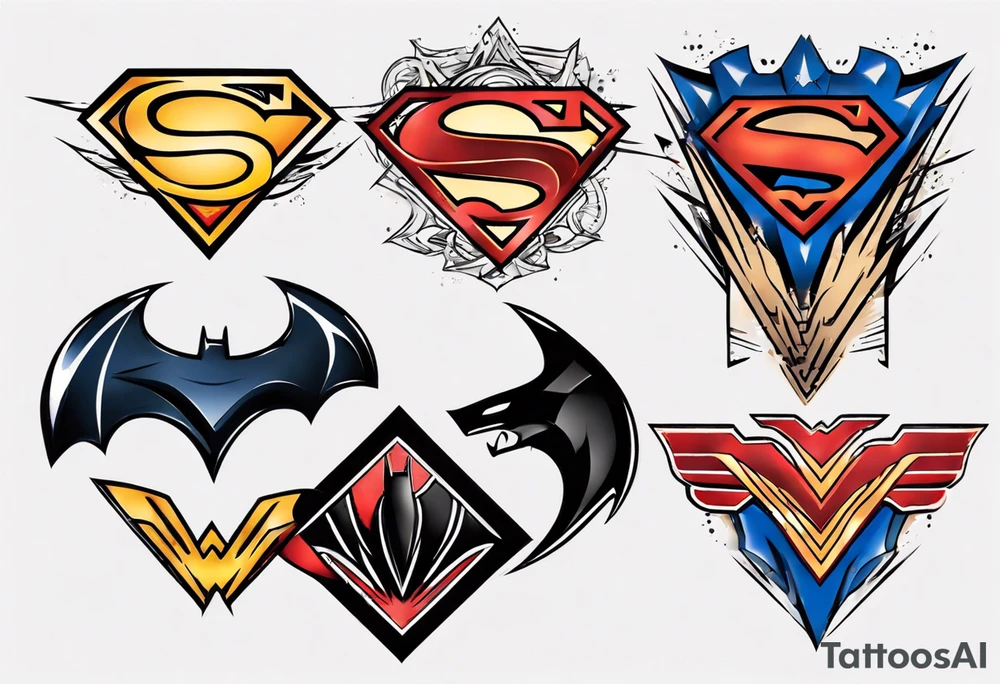 Superman, wonder woman and batman symbols elegantly combined tattoo idea