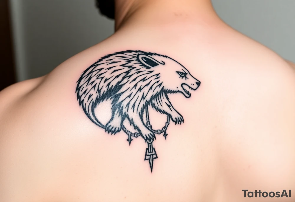 Nordic Viking themed bear on shoulder Vegvisir symbol tribal elder furthark bicep band tattoo idea