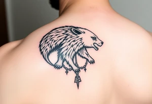 Nordic Viking themed bear on shoulder Vegvisir symbol tribal elder furthark bicep band tattoo idea