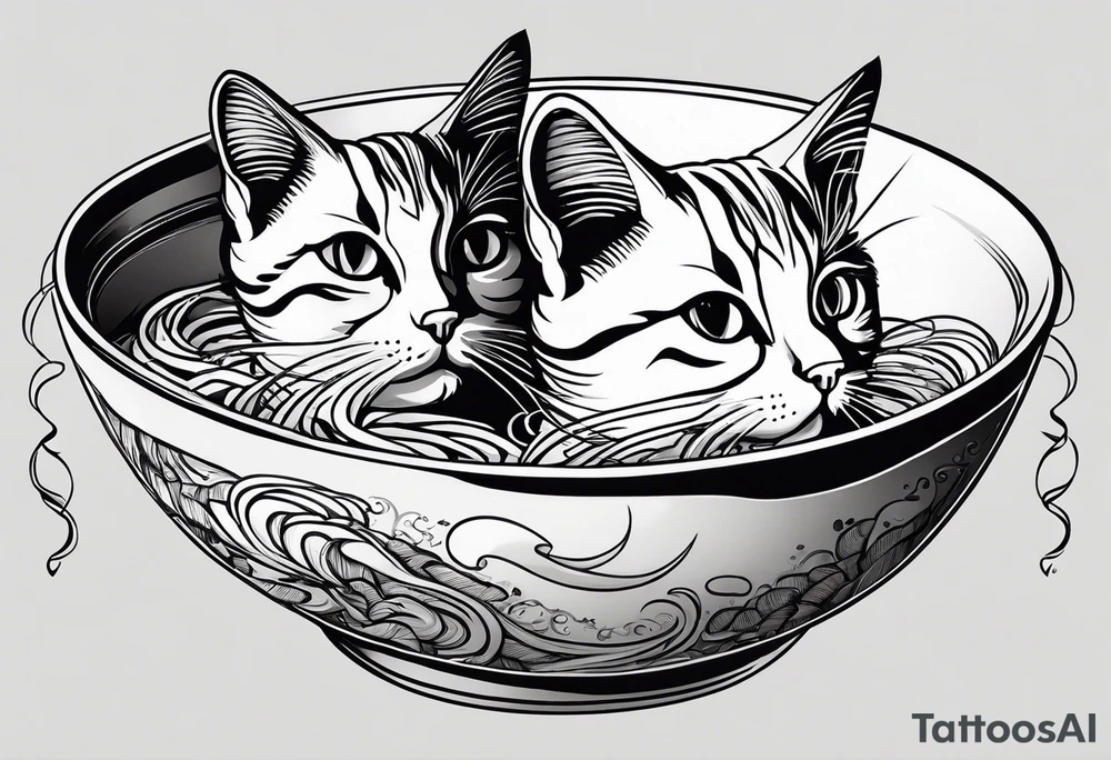 Two tabby cats peaking over the edge of a noodle bowl with noodles pouring out the side tattoo idea