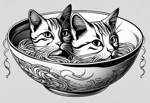 Two tabby cats peaking over the edge of a noodle bowl with noodles pouring out the side tattoo idea