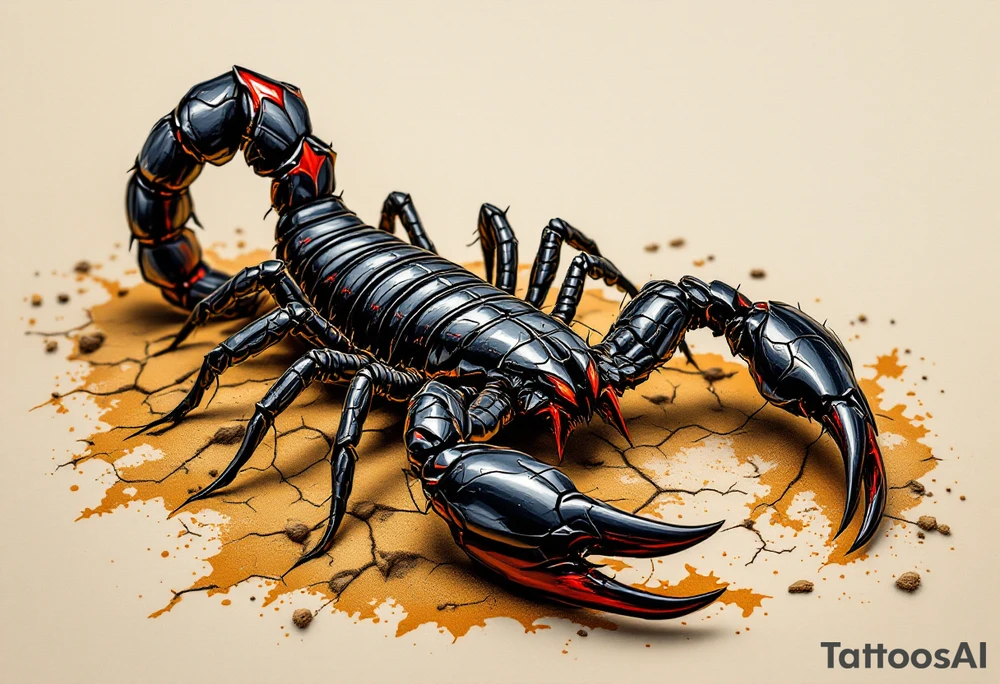 A fierce black scorpion with glossy obsidian armor, tipped with deep crimson on its pincers and venomous stinger, poised in a striking position atop cracked desert sand in shades of golden brown and burnt orange. tattoo idea