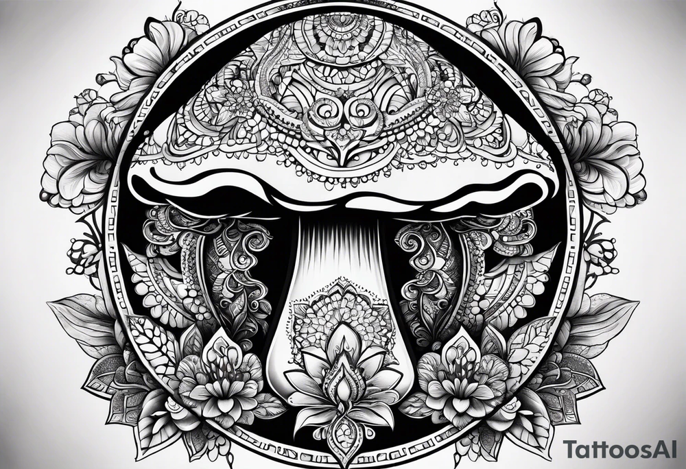 Black mushroom tattoo with henna style mandala design surrounding it tattoo idea
