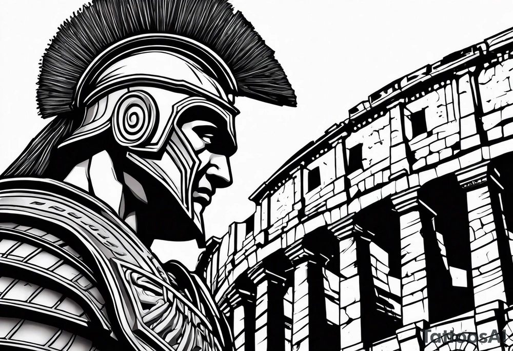 Side profile of spartan soilder looking right at Roman colosseum tattoo idea