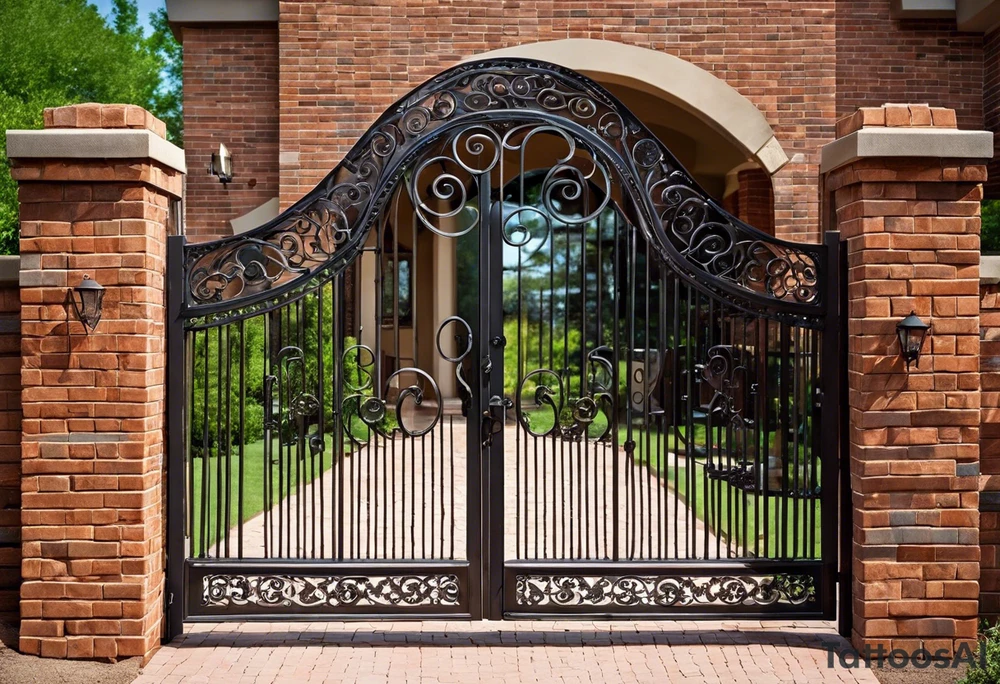 This image depicts an arched gate made of intricately designed wrought iron. The gate has swirling patterns, with the iron bars curving elegantly in various directions, forming loops and curves. The gate is set within a brick frame, with the bricks having a weathered, slightly irregular appearance. The bricks are painted in a gradient of colors, primarily shades of red and pink, transitioning into some hints of green and blue, especially around the edges.

Behind the gate, there’s a pathway made of bricks that leads into a lush garden. The garden is full of greenery, with trees and plants visible in the background. The image has a slightly surreal and artistic quality, possibly due to some paint or texture effects applied to it, giving it a dreamy and almost watercolor-like appearance. tattoo idea