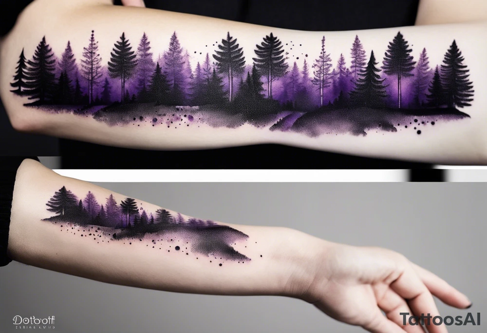 forest, purple and black, from wrist to forearm, fully covered, no borders, blackwork tattoo idea