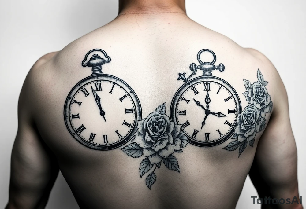 Different clocks with different times showing and for the filler something that compliment roses for males tattoo idea