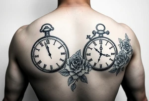 Different clocks with different times showing and for the filler something that compliment roses for males tattoo idea