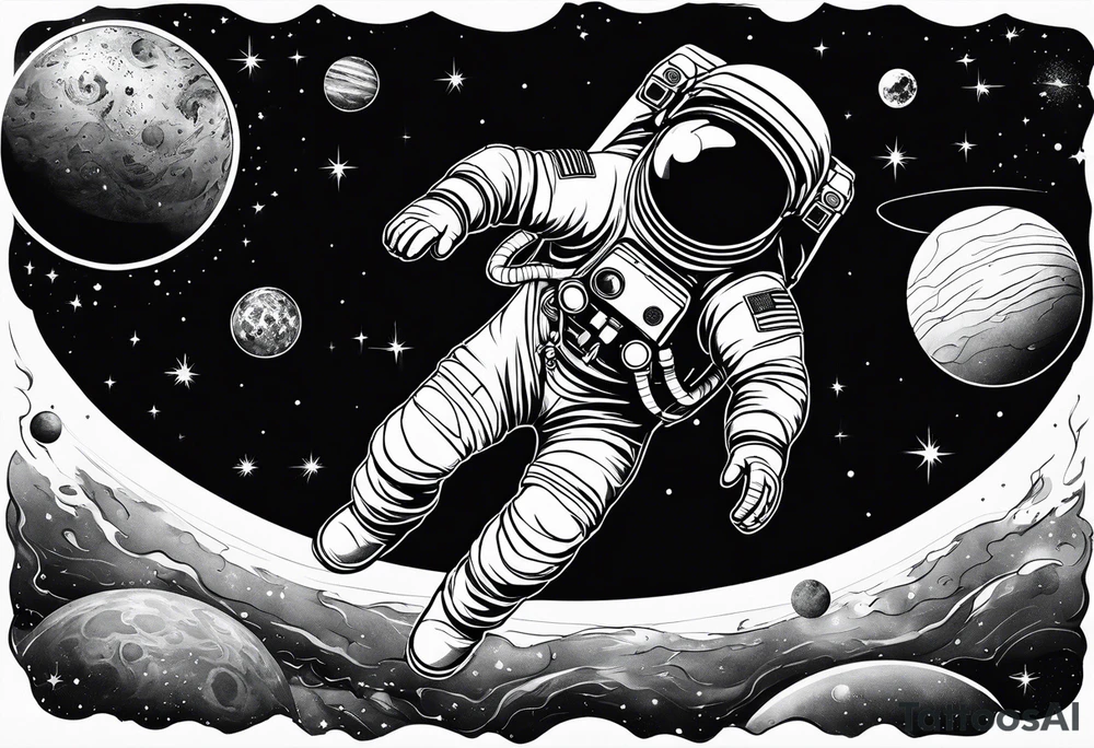 An astronaut floating in space with planets around him tattoo idea