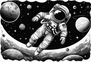 An astronaut floating in space with planets around him tattoo idea