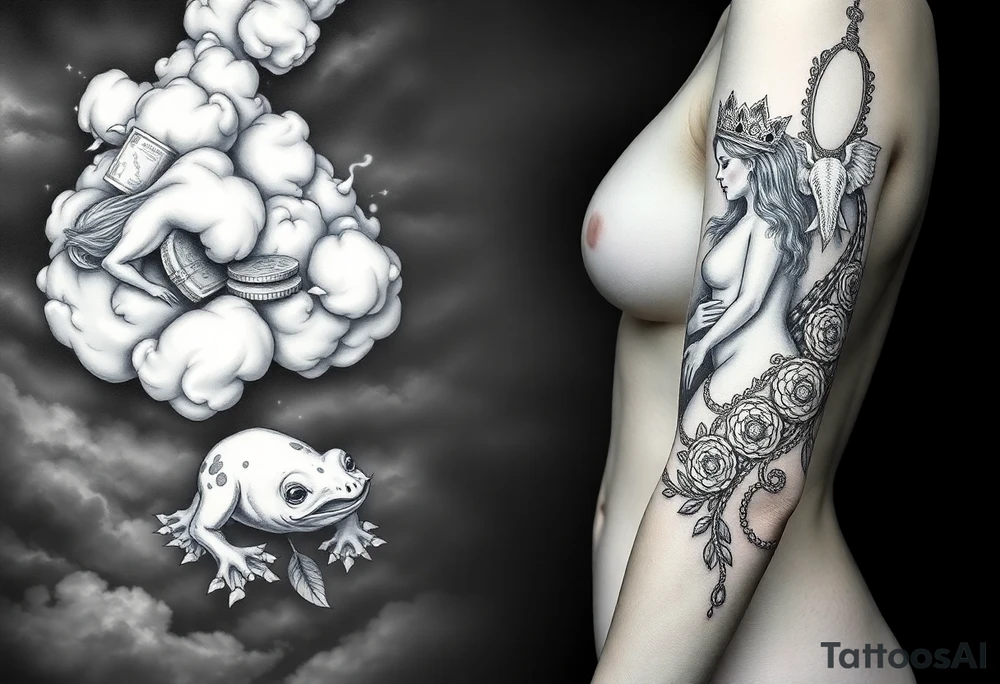 Storm clouds with a big overweight naked sexy girl and money and cigerettes  and coins and mirror and  naked couple sex with pig and peacock , frog, lamb and lightening lust gluttony envy greed wrath pride  sloth and noose darkness gothic tattoo idea