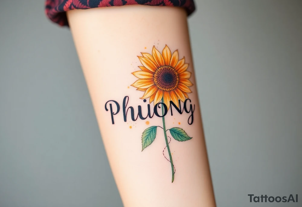 Word "PHUONG" written vertical with the sunflower. tattoo idea