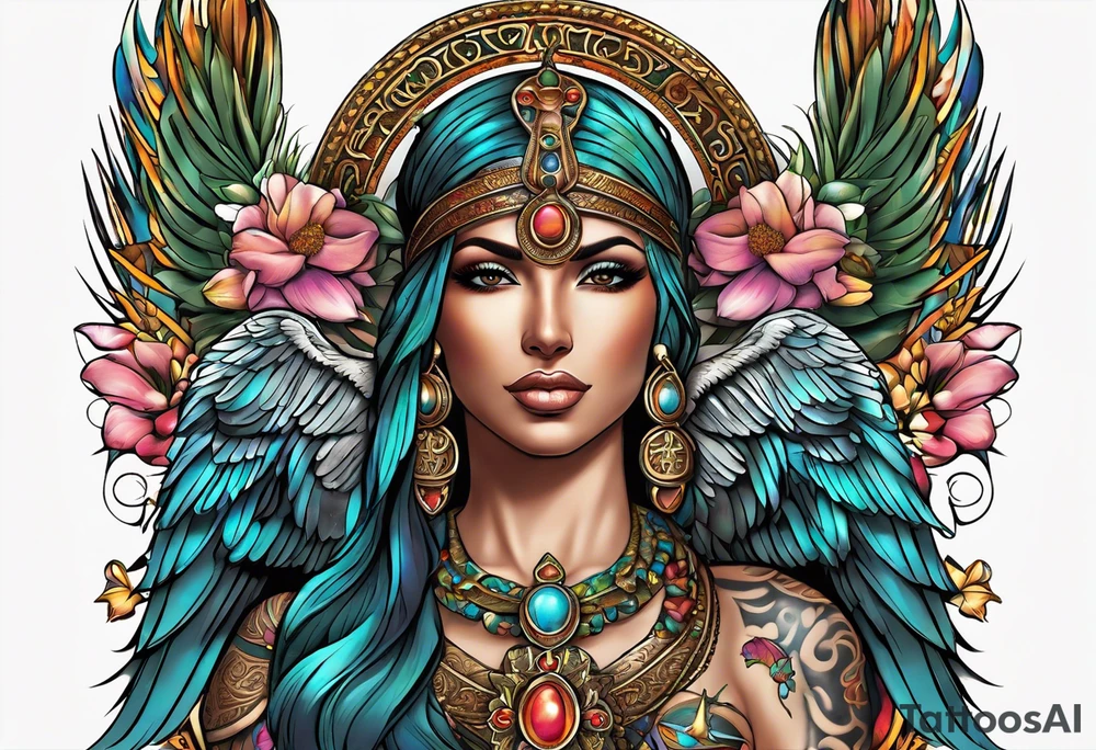 Isis (top center): With wings and the sun disc on her head, holding the ankh.
Iustitia (bottom left): With scales and sword, blindfolded.
Aphrodite (lower right): Decorated with flowers and doves. tattoo idea