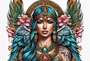 Isis (top center): With wings and the sun disc on her head, holding the ankh.
Iustitia (bottom left): With scales and sword, blindfolded.
Aphrodite (lower right): Decorated with flowers and doves. tattoo idea