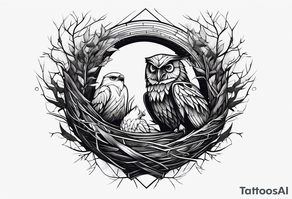 Owl, raven, eagle cuddled in a nest, looking down into the nest tattoo idea