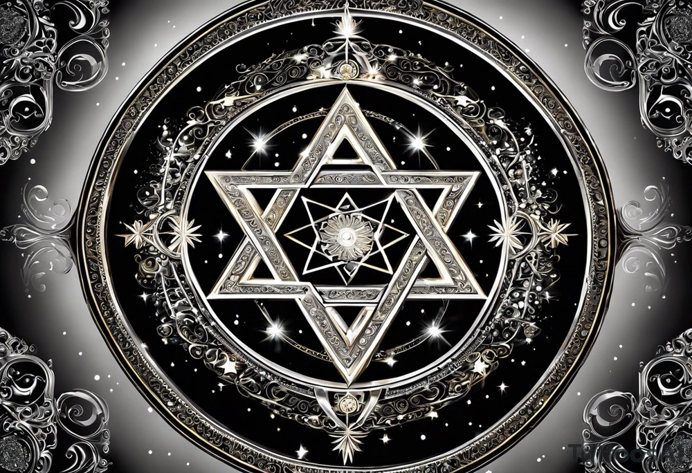 The main element should be a Star of David Inside the star, I want the Armenian Wheel of Eternity.

	•	The Wheel of Eternity should be placed in the center of the Star of David, with a circular, swirling design to symbolize infinity and continuous life cycles. It should be detailed but simple enough to blend seamlessly with the star.
	•	The overall look should be bold, clean, and geometric, with a modern and minimalist style. tattoo idea