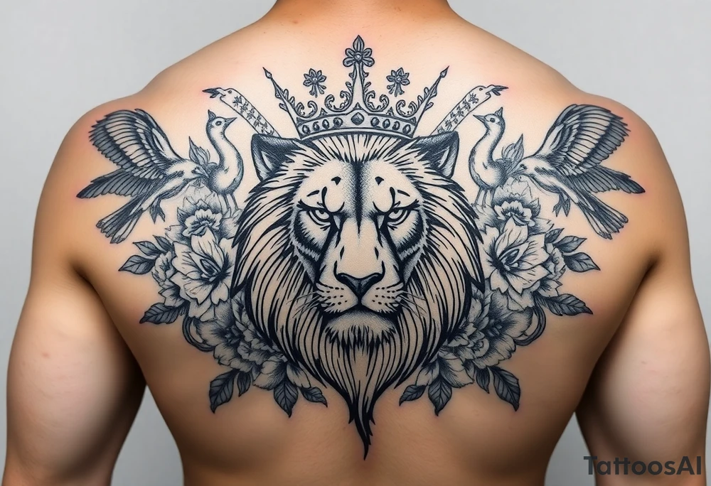 powerful majestic lion with a crown, surrounded by floral ornaments and birds tattoo idea