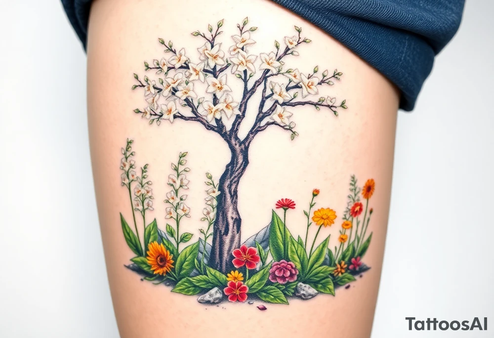 Lilly of the vally plants underneath a blooming hawthorn tree with other colorful plants on ground tattoo idea
